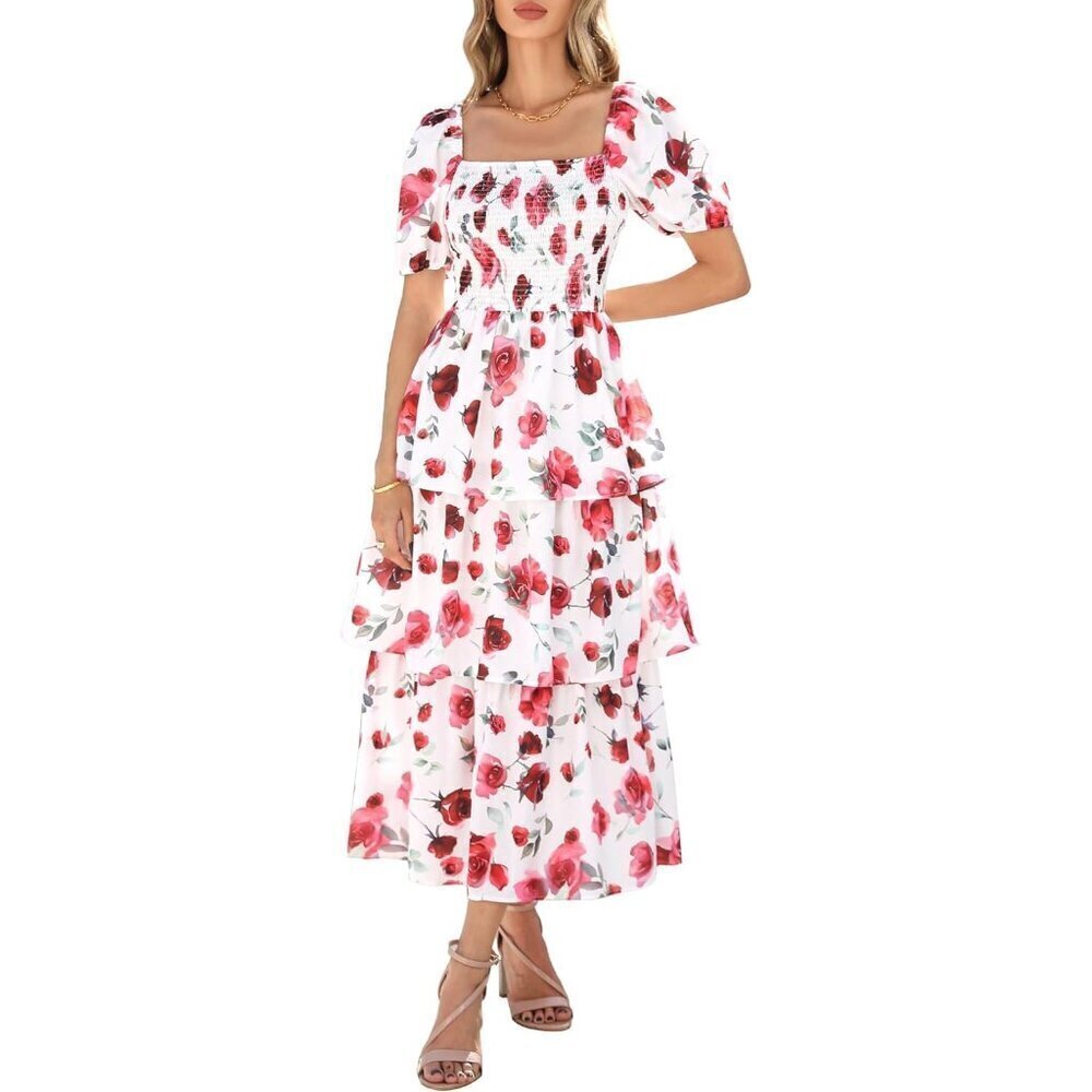 ๐ Women White Square Neck Smocked Dress Summer Puff Short Sleeve Floral Ruffle
